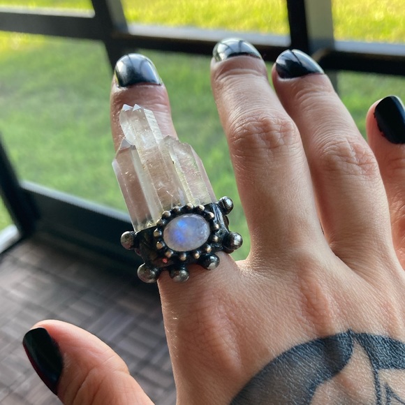 Natural iridescent flash moonstone gem triple crystal quartz adjustable ring - Picture 15 of 16